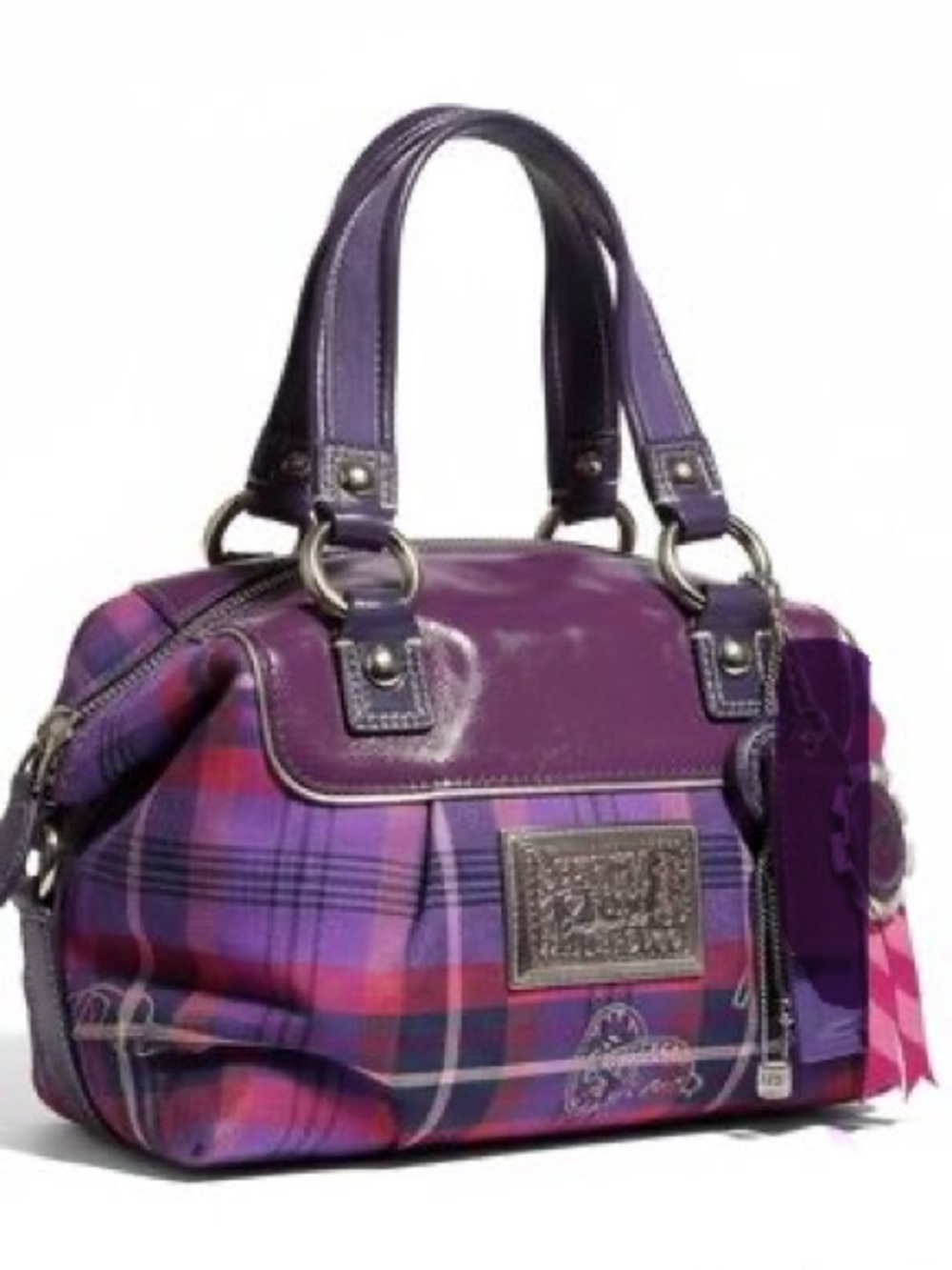 Coach poppy Purple and Pink Plaid Leather-Trim Satchel